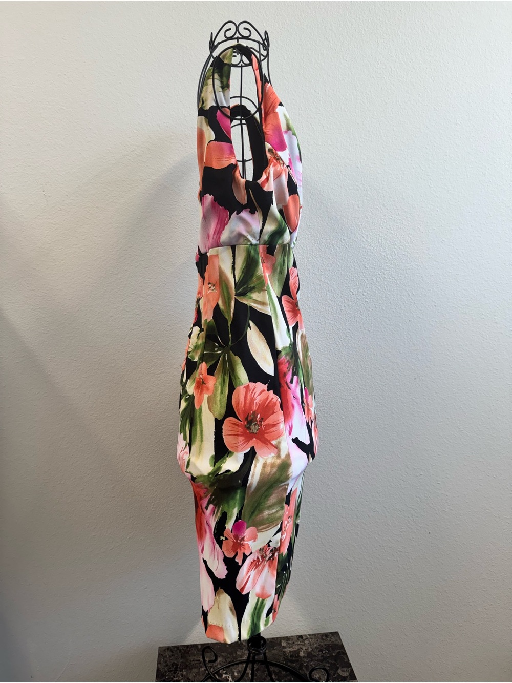 connected apparel Black Floral Mini Dress with Coral and Pink Blooms - Picture 2 of 9